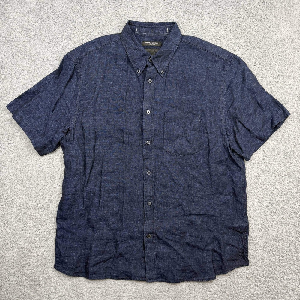 Banana Republic Button Down Shirt Mens L Navy Blue Short Sleeve Linen Standard
